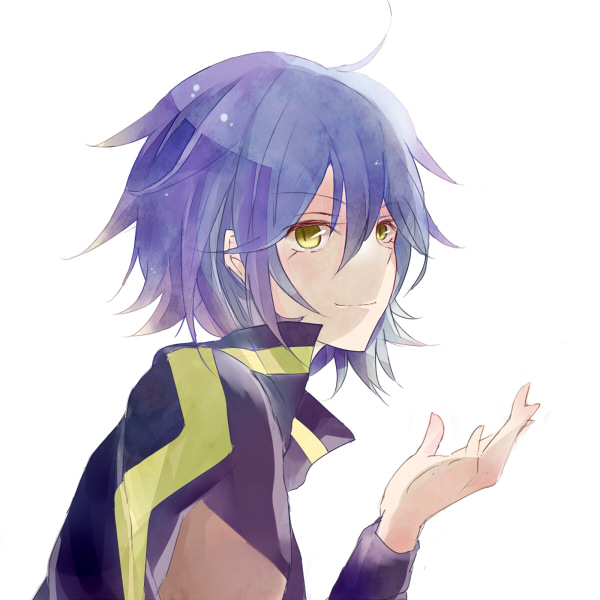 ahoge, anko0308, blue_hair, inazuma_eleven, inazuma_eleven_(series), inazuma_eleven_go, kariya_masaki, male, simple_background, smile, solo, track_suit, white_background, yellow_eyes