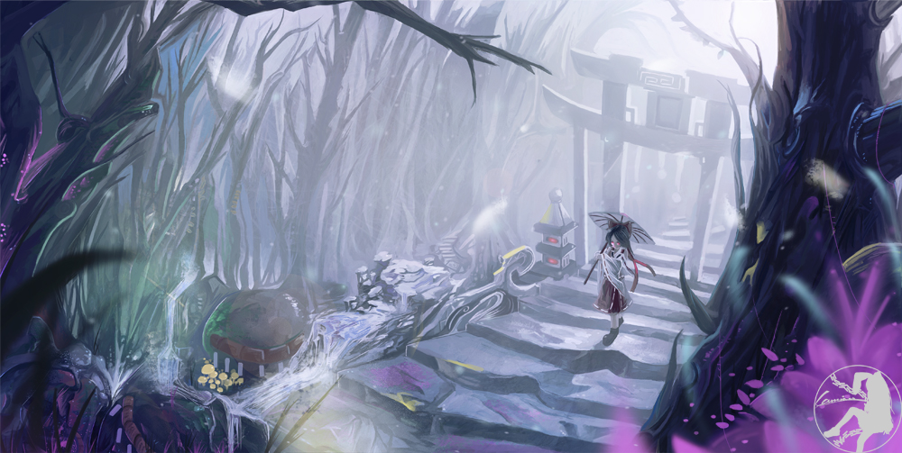 bare_tree, grey, hakurei_reimu, lamian, scenery, solo, stairs, torii, touhou, tree, walking