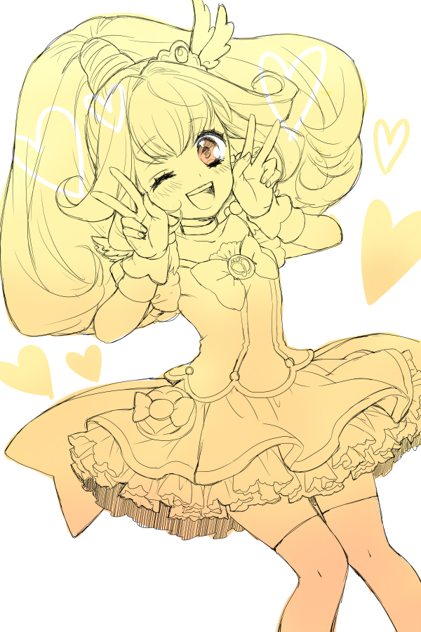 :d, big_hair, bike_shorts, blush, cure_peace, double_v, frills, gloves