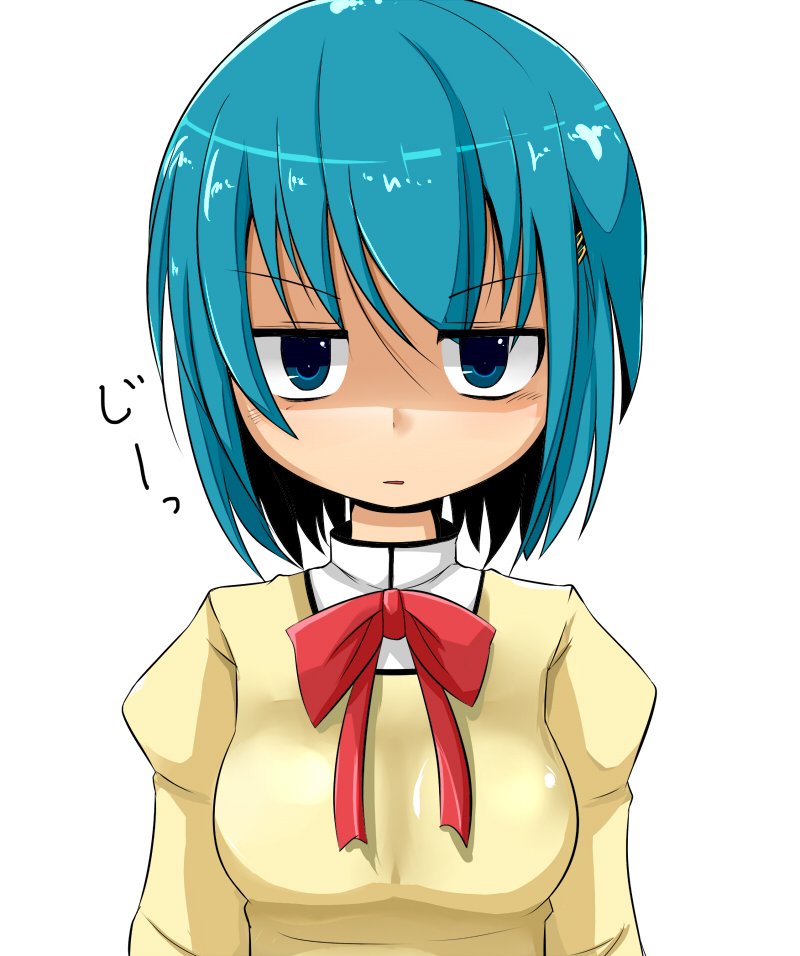bad_id, blue_eyes, blue_hair, bow, bust, flat_gaze, goyouga-deann, hair_ornament