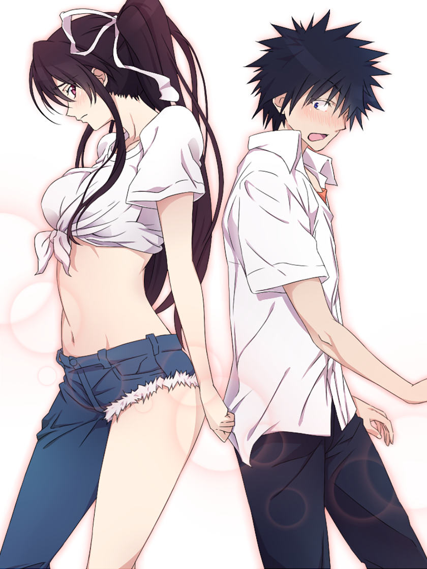 black_hair, blue_eyes, blush, breasts, couple, front-tie_top, hair_ribbon, kamijou_touma