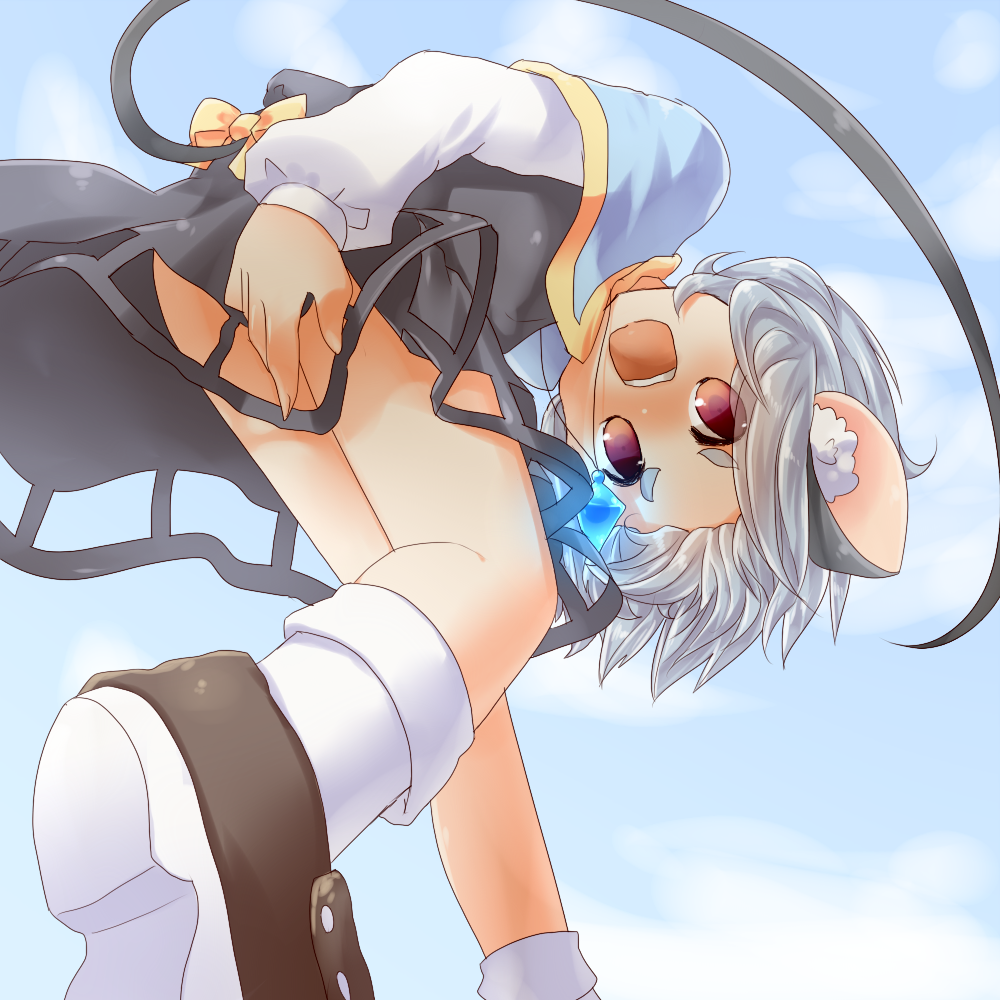 animal_ears, blue_sky, capelet, cloud, covering, covering_crotch, dress, gem