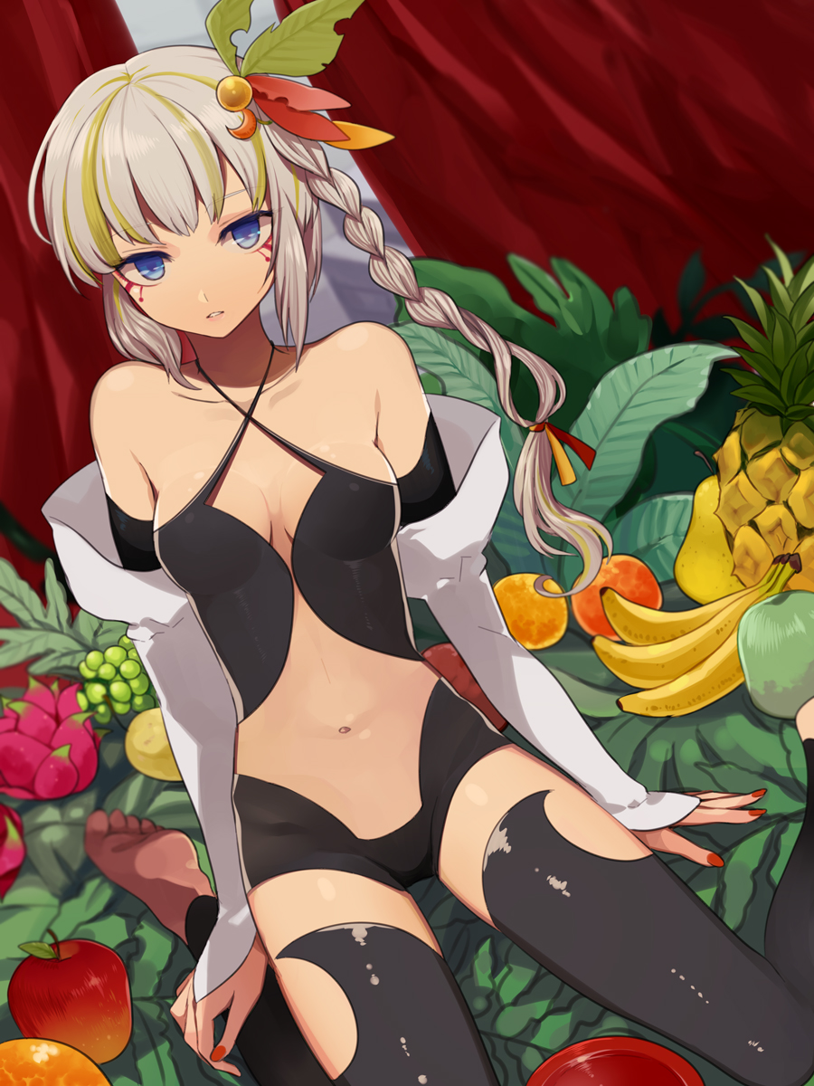 apple, banana, bare_shoulders, barefoot, black_legwear, blue_eyes, braid, breasts