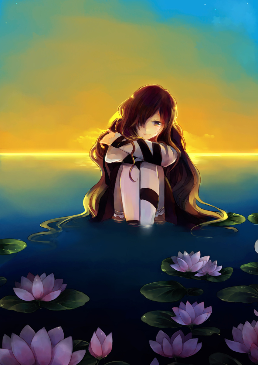 1girl, arm_ribbon, black_dress, blonde_hair, brown_hair, dress, flower, gradient_hair