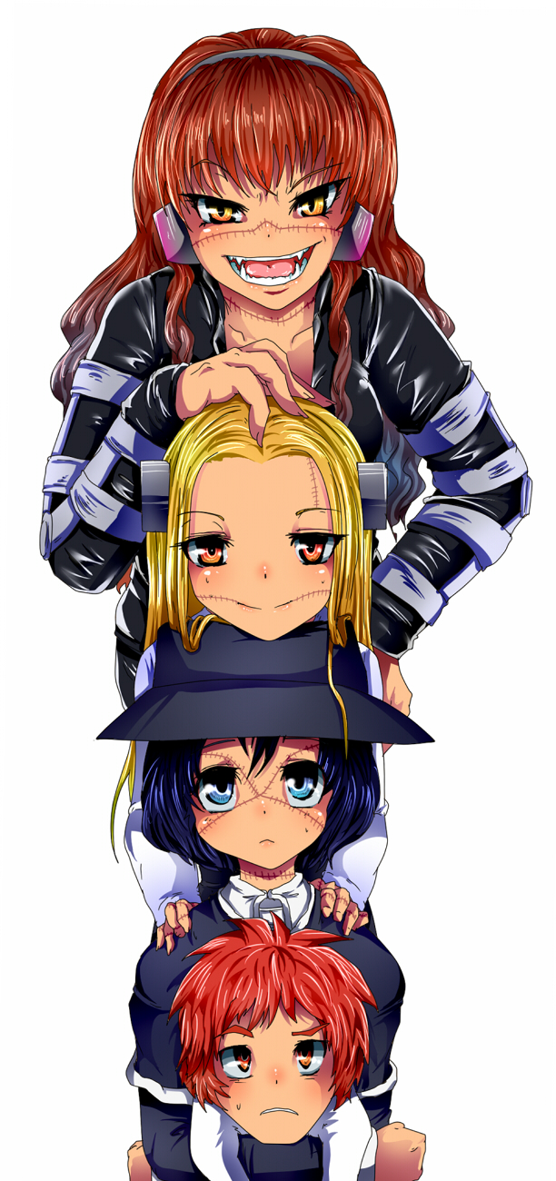 3girls, black_hair, blonde_hair, blue_eyes, blue_hair, blush, bolt, bolts