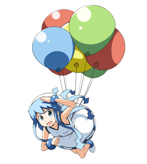 blue_hair, dress, hat, ikamusume, kaka_(kirby126), long_hair, salute, shinryaku!_ikamusume
