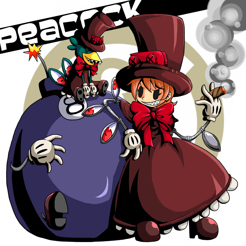 >:), animal_on_head, avery_(skullgirls), bird, bird_on_head, black_eyes, bomb, bow