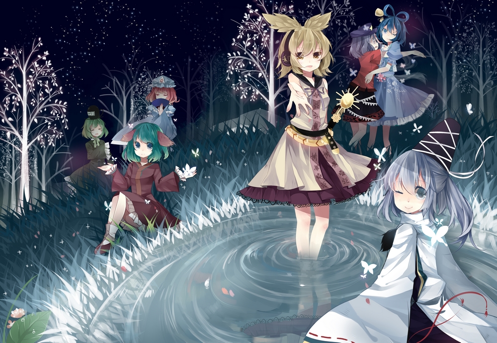 animal_ears, beret, blue_eyes, blue_hair, brown_eyes, brown_hair, closed_eyes, dress