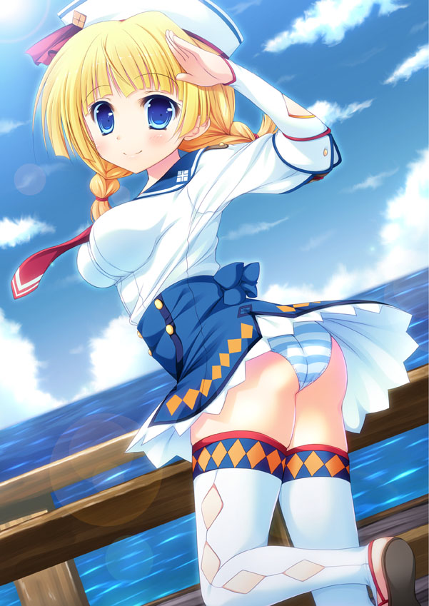 ass, blonde_hair, blue_eyes, blue_panties, braid, breasts, dixie_cup_hat, furukawa_lemon