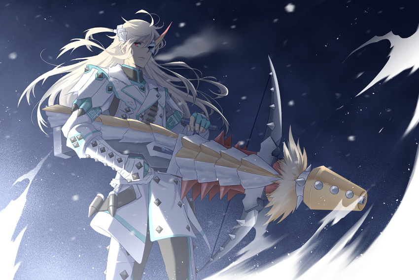 bowgun, long_hair, monster_hunter, monster_hunter_3_g, red_eyes, snow, solo, white_hair