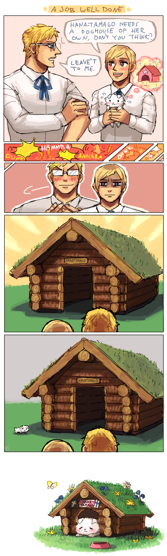 axis_powers_hetalia, blonde_hair, blush, butterfly, comic, dog, doghouse, emlan