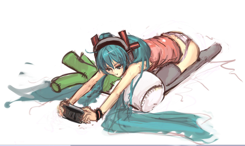 :t, aqua_eyes, aqua_hair, bare_shoulders, bent_over, black_legwear, hair_ornament, hatsune_miku