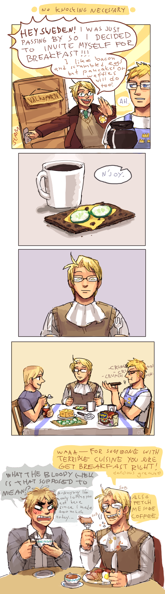 4boys, america_(hetalia), apron, axis_powers_hetalia, blonde_hair, blush, breakfast, cheese