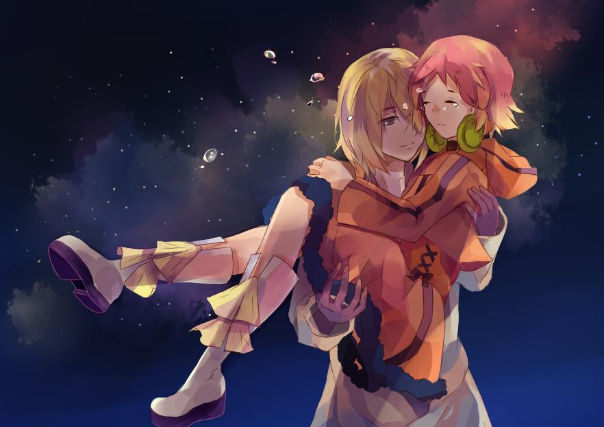 1girl, aquarion_(series), aquarion_evol, blonde_hair, carrying, closed_eyes, coat, dress