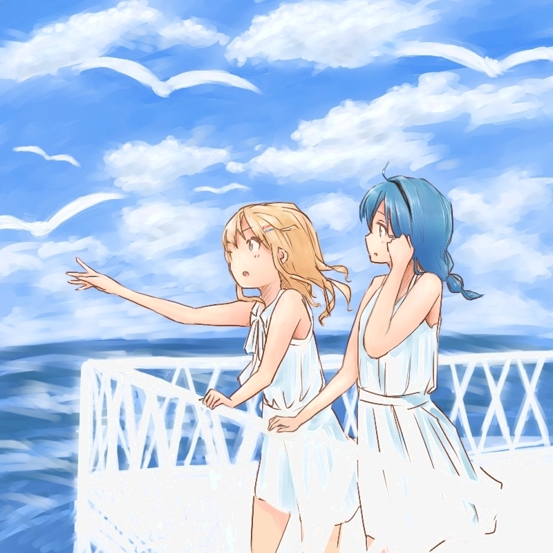 2yffmhbl, bird, blonde_hair, blue_hair, brown_eyes, dress, furutani_himawari, hair_ornament