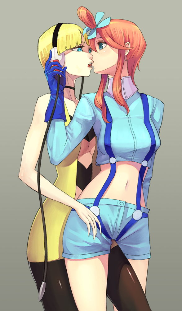 aqua_eyes, blonde_hair, fuuro_(pokemon), gloves, grey_background, headphones, hidezi, kamitsure_(pokemon), kiss, midriff, multiple_girls, navel, pantyhose, pokemon, pokemon_(game), pokemon_bw, red_hair, redhead, shorts, suspenders, yuri