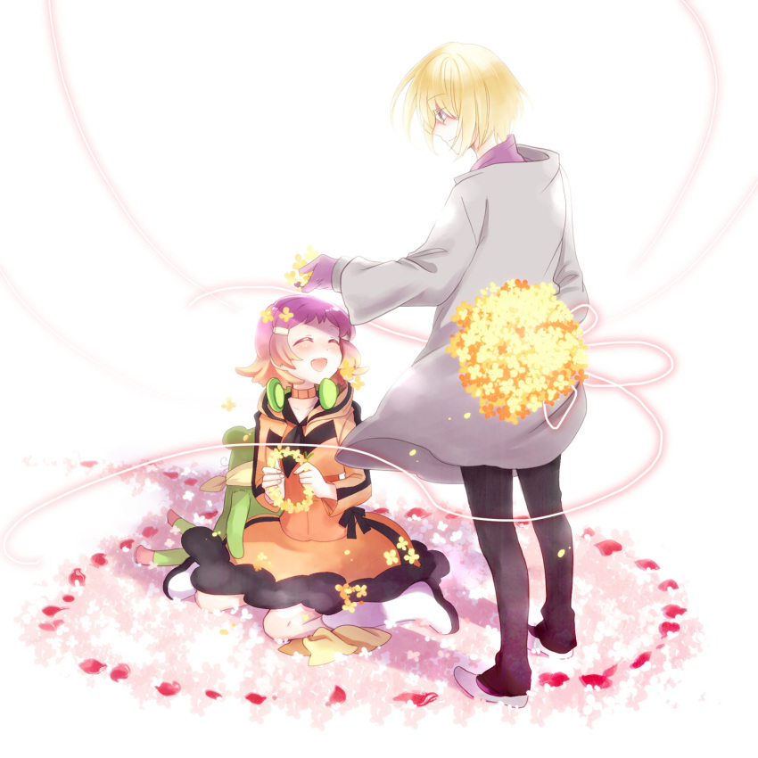 1girl, aquarion_(series), aquarion_evol, blonde_hair, blush, bouquet, closed_eyes, coat