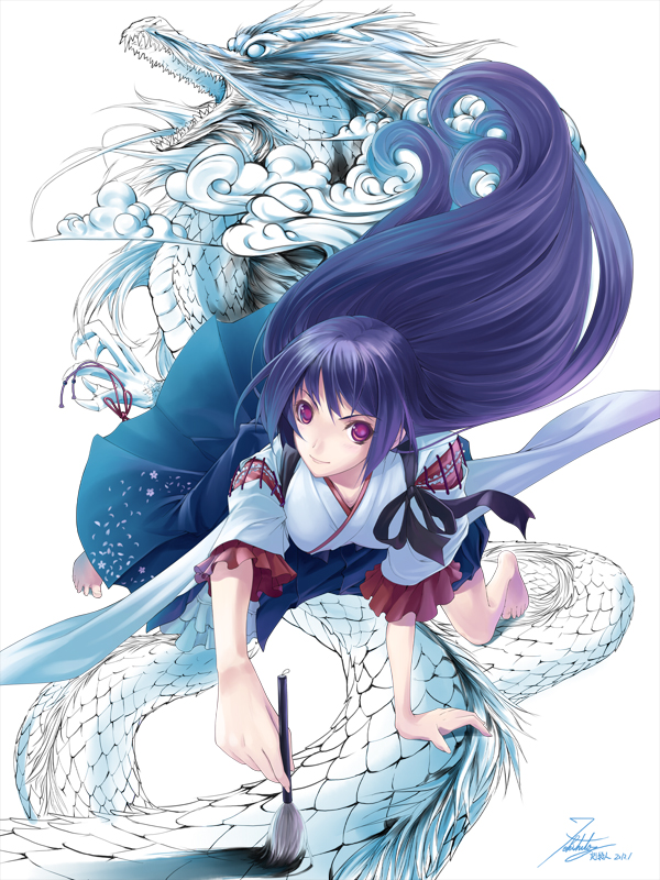 1girl, all_fours, barefoot, brush, dragon, eastern_dragon, floating_hair, long_hair, original, paintbrush, purple_eyes, purple_hair, signature, solo, valyu, very_long_hair