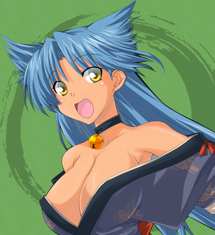:d, bare_shoulders, bell, bell_collar, blue_hair, breasts, collar, fang, green_background, japanese_clothes, kimono, kurenasm, long_hair, open_mouth, rance_(series), sengoku_rance, smile, solo, suzume_(rance), tan, yellow_eyes