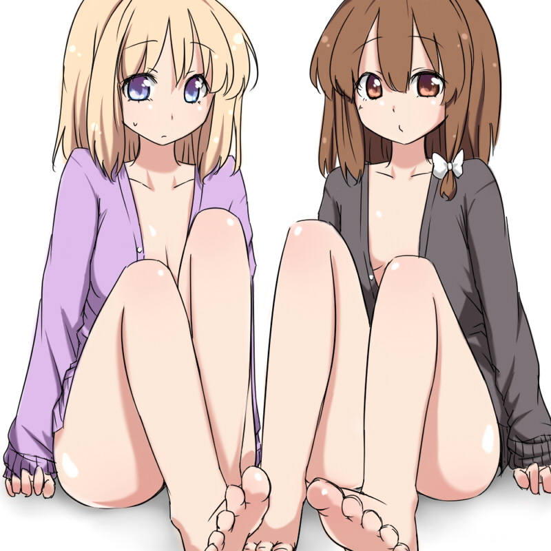 bare_legs, barefoot, blonde_hair, bottomless, breasts, brown_eyes, brown_hair, cardigan, cleavage, feet, hair_ribbon, kanaria_(artist), maribel_hearn, multiple_girls, naked_cardigan, no_bra, no_pants, open_cardigan, open_clothes, open_shirt, purple_eyes, ribbon, short_hair, toes, tori_(minamopa), touhou, usami_renko, violet_eyes