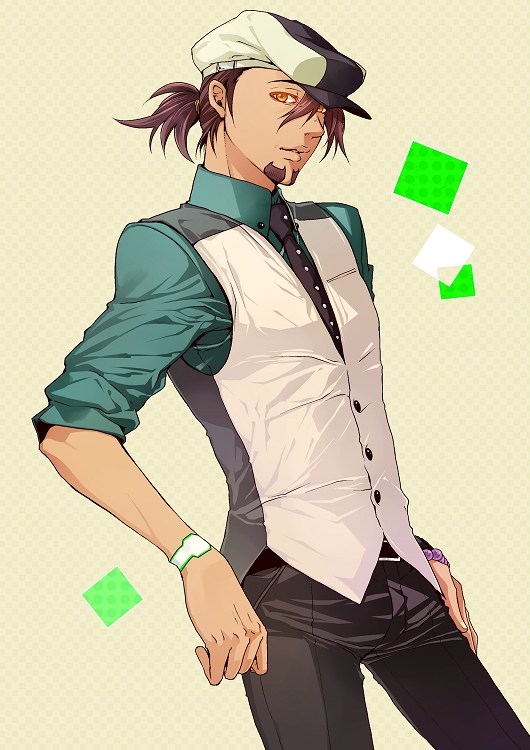 alternate_hairstyle, bad_id, bracelet, brown_eyes, brown_hair, cabbie_hat, facial_hair, hat