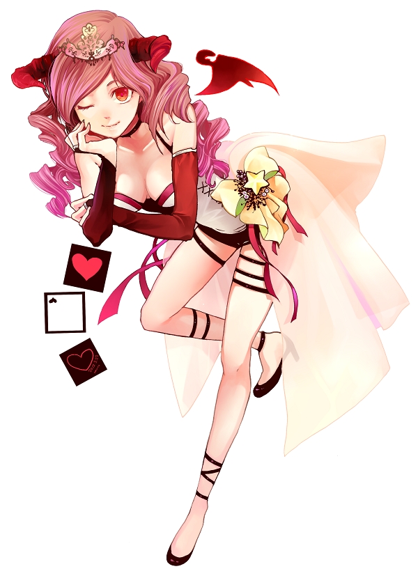 breasts, cleavage, horns, large_breasts, long_hair, mori-003, original, pink_hair