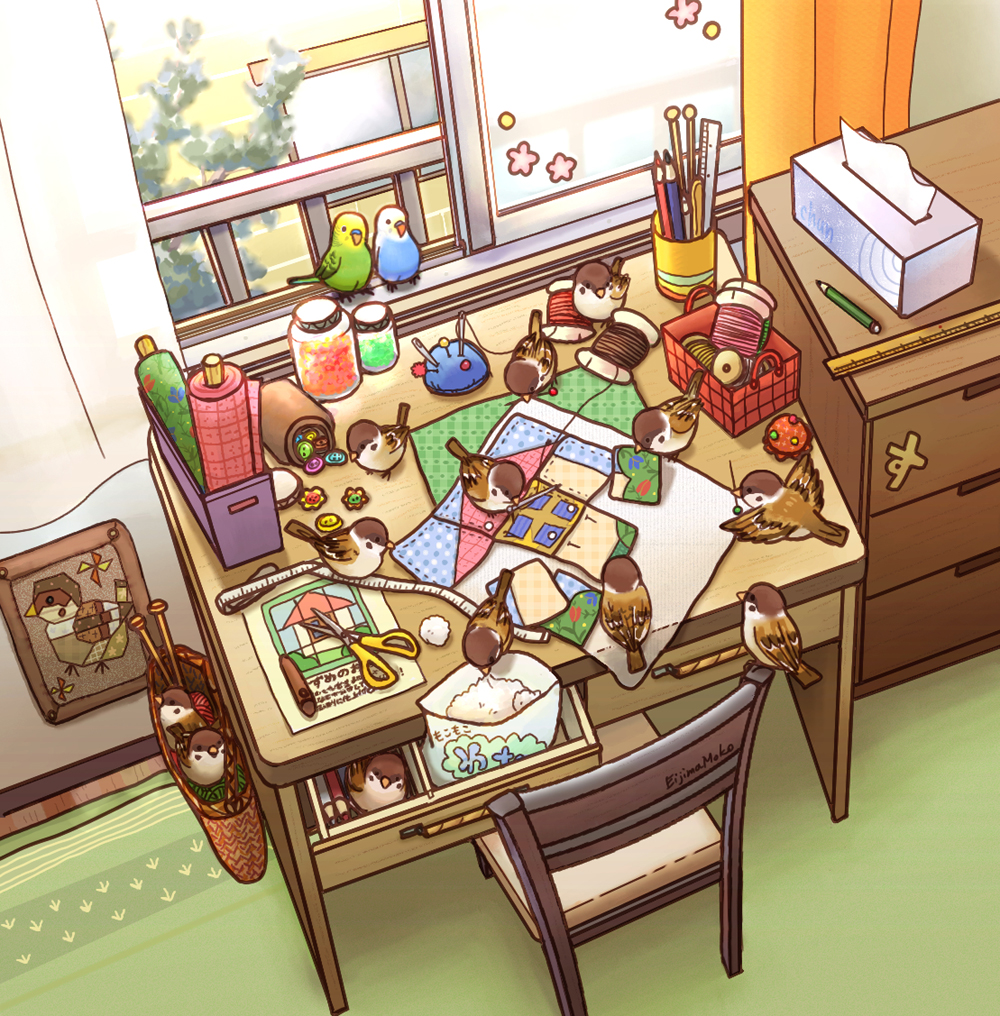 bird, brooch, chair, curtains, drawer, eijima_moko, eurasian_tree_sparrow, floor