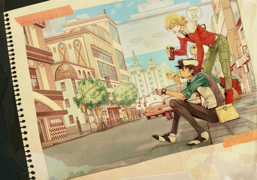 bad_id, barnaby_brooks_jr, blonde_hair, boots, bracelet, brown_eyes, brown_hair, cabbie_hat