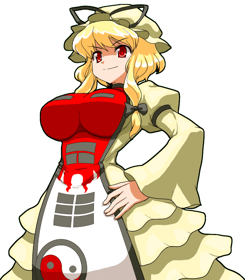 alternate_color, alternate_eye_color, blonde_hair, breasts, dress, hat, large_breasts, mono_(moiky)