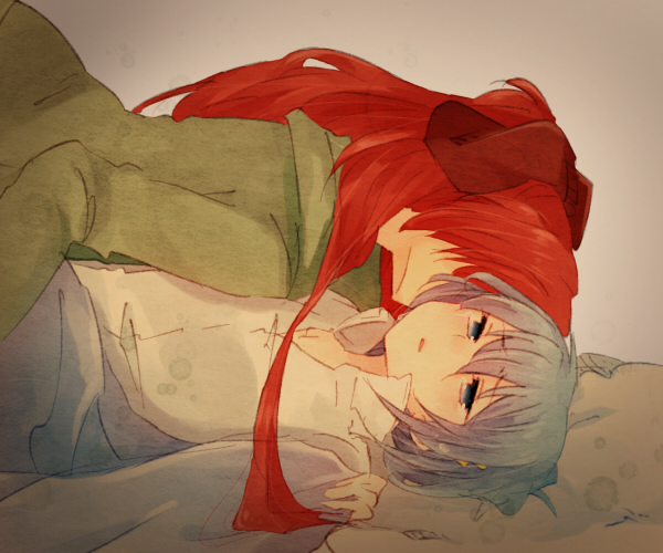 blue_eyes, blue_hair, bow, casual, hair_bow, hoodie, long_hair, lying