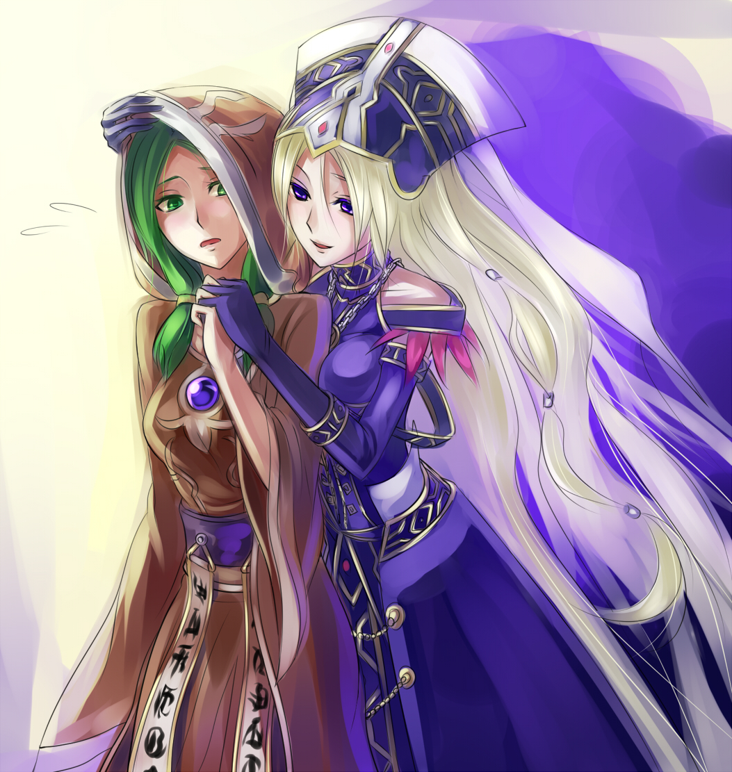 blonde_hair, blue_eyes, divine_grace_-_northwemko, divine_grace_northwemko, duel_monster, green_eyes, green_hair, hat, long_hair, magical_summoner_temper, multiple_girls, robe, sukumo_(kemutai), very_long_hair, yu-gi-oh!, yuu-gi-ou, yuu-gi-ou_duel_monsters