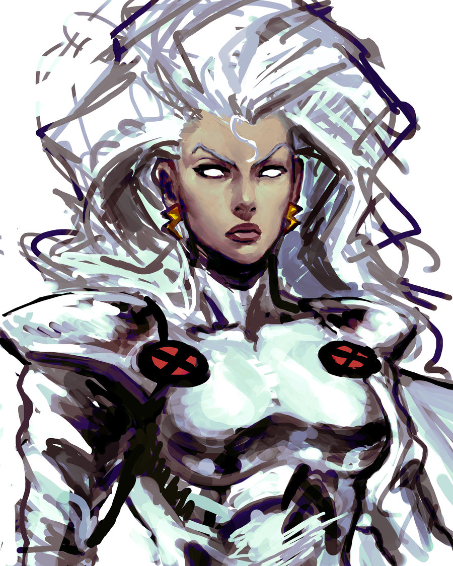 bodysuit, breasts, dark_skin, earrings, jewelry, lips, long_hair, marvel, no_pupils, shiny, shiny_clothes, sketch, steven_mack, storm_(x-men), very_long_hair, white_hair, x-men