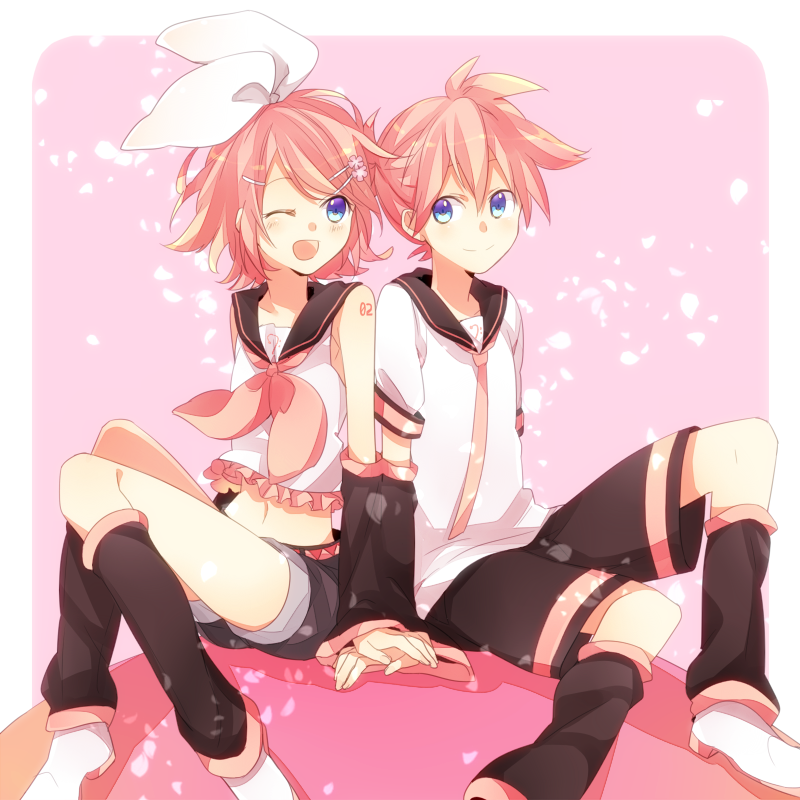 1girl, back-to-back, blonde_hair, blue_eyes, brother_and_sister, hair_ornament, hair_ribbon, hairclip