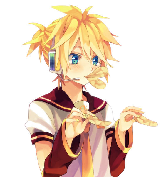 :v, akiyoshi_(tama-pete), blonde_hair, blue_eyes, chips, duck_face, headset, kagamine_len