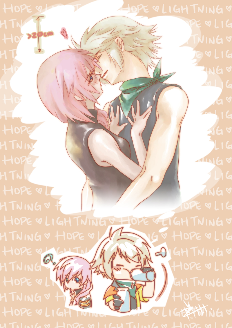 1girl, ?, blue_eyes, blush, couple, drinking, english, final_fantasy, final_fantasy_xiii, grey_hair, height_difference, hope_estheim, imagining, incipient_kiss, lightning_farron, piggy_ho_ho, pink_hair