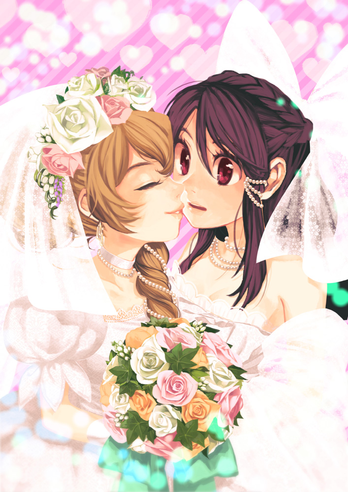 alternate_hairstyle, bare_shoulders, black_hair, blonde_hair, bouquet, bow, braid, bride