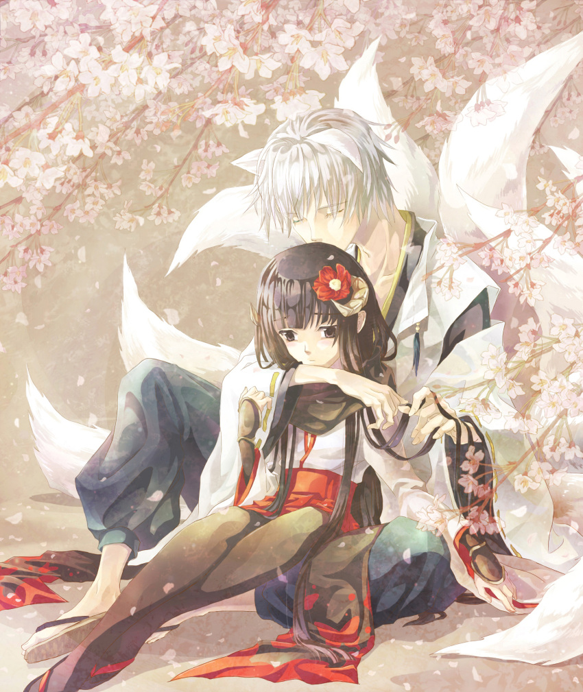 1girl, animal_ears, arm_guard, arm_guards, black_eyes, black_hair, blush, cherry_blossoms, closed_eyes, couple, eyes_closed, flower, fox_ears, fox_tail, hair_flower, hair_ornament, highres, horns, hug, inu_x_boku_ss, japanese_clothes, long_hair, miketsukami_soushi, miko, pantyhose, petals, scarf, shirakiin_ririchiyo, short_hair, sitting, suzuneko-rin, tail, very_long_hair, white_hair
