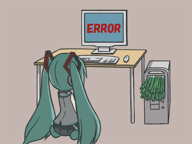 chibi, computer, computer_keyboard, computer_mouse, error, error_message, from_behind, hatsune_miku, long_hair, monitor, sitting, spring_onion, tsumutsumu, twintails, very_long_hair, vocaloid, wariza, you're_doing_it_wrong