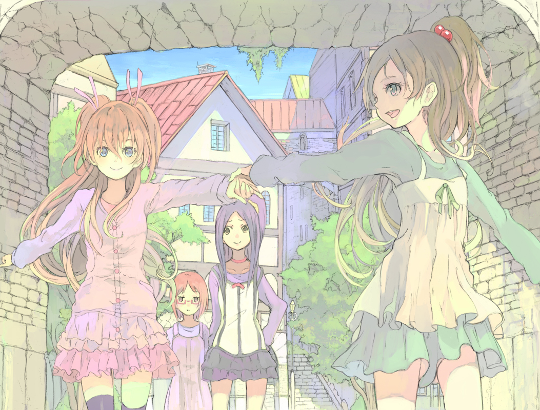 brown_hair, building, casual, frilled_skirt, hair_ribbon, half_updo, hand_holding, holding_hands