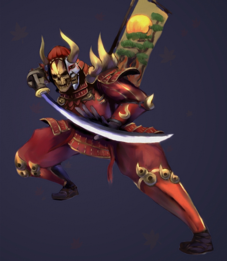 amputee, armor, banner, greaves, helmet, horns, katana, male