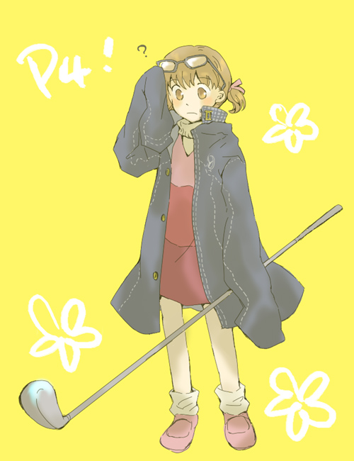 cosplay, doujima_nanako, glasses, golf_club, jacket, narukami_yuu, narukami_yuu_(cosplay), oversized_clothes