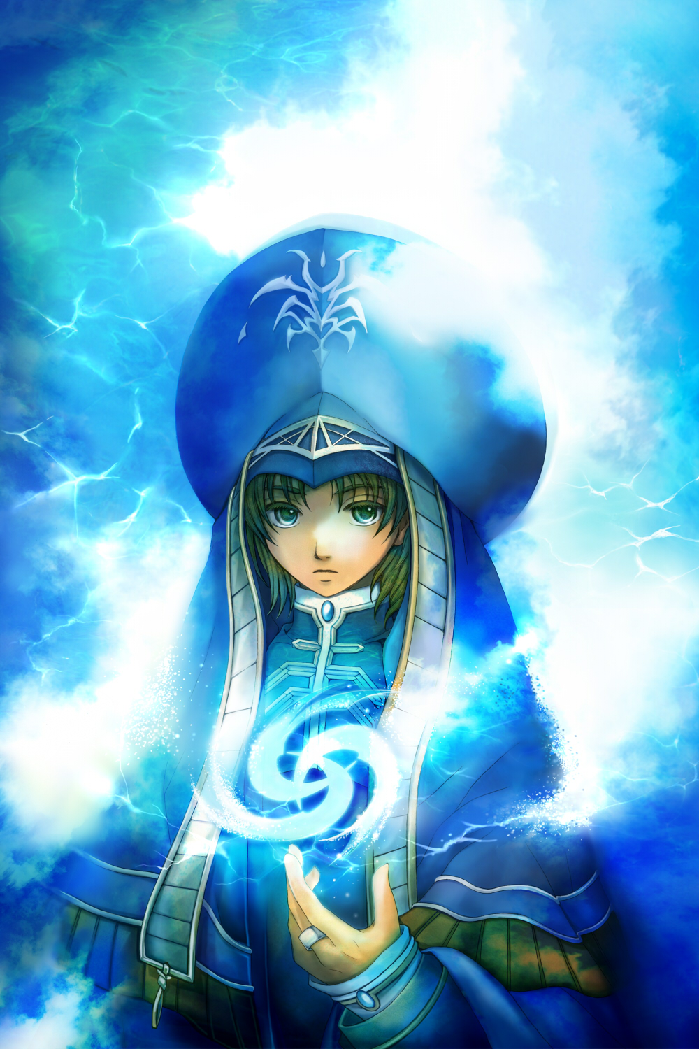 alicest0113, blue, blue_background, brown_hair, cosplay, gensou_suikoden, gensou_suikoden_ii, gensou_suikoden_iii