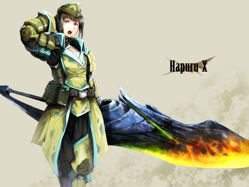 armor, belt, brown_eyes, brown_hair, fantasy, full_armor, hapurubokka_(armor), hat, highres, huge_weapon, mole, monster_hunter, monster_hunter_3_g, open_mouth, payot, peaked_cap, ryu_ichi, sadamatsu_ryuuichi, simple_background, solo, sword, weapon