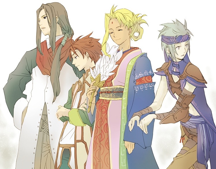 blonde_hair, brown_hair, caesar_silverberg, fan, forehead_jewel, gensou_suikoden, gensou_suikoden_ii, gensou_suikoden_iii