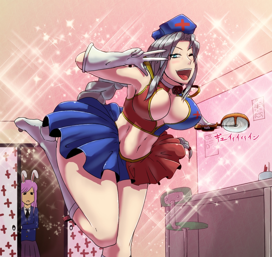 >;d, adapted_costume, animal_ears, armpits, blazer, blue_eyes, boots, braid, breasts, bunny_ears, circular_saw, cleavage, cleavage_cutout, crop_top, elbow_gloves, gloves, grey_hair, halter_top, halterneck, hat, hips, indoors, large_breasts, leg_lift, long_hair, magical_girl, midriff, multiple_girls, navel, necktie, nurse_cap, oil_(sekiyu-celtic), open_mouth, pink, pink_hair, purple_hair, reisen_udongein_inaba, silver_hair, single_braid, skirt, sliding_doors, smile, socks, sparkle, standing_on_one_leg, thighs, touhou, v_over_eye, walk-in, white_legwear, wide_hips, wink, yagokoro_eirin