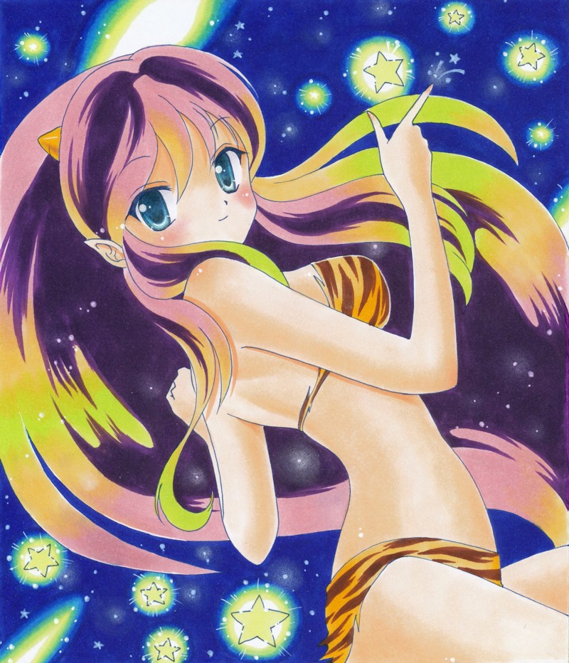 bikini, blush, green_eyes, horns, lum, marker_(medium), pastel_(medium), purple_hair
