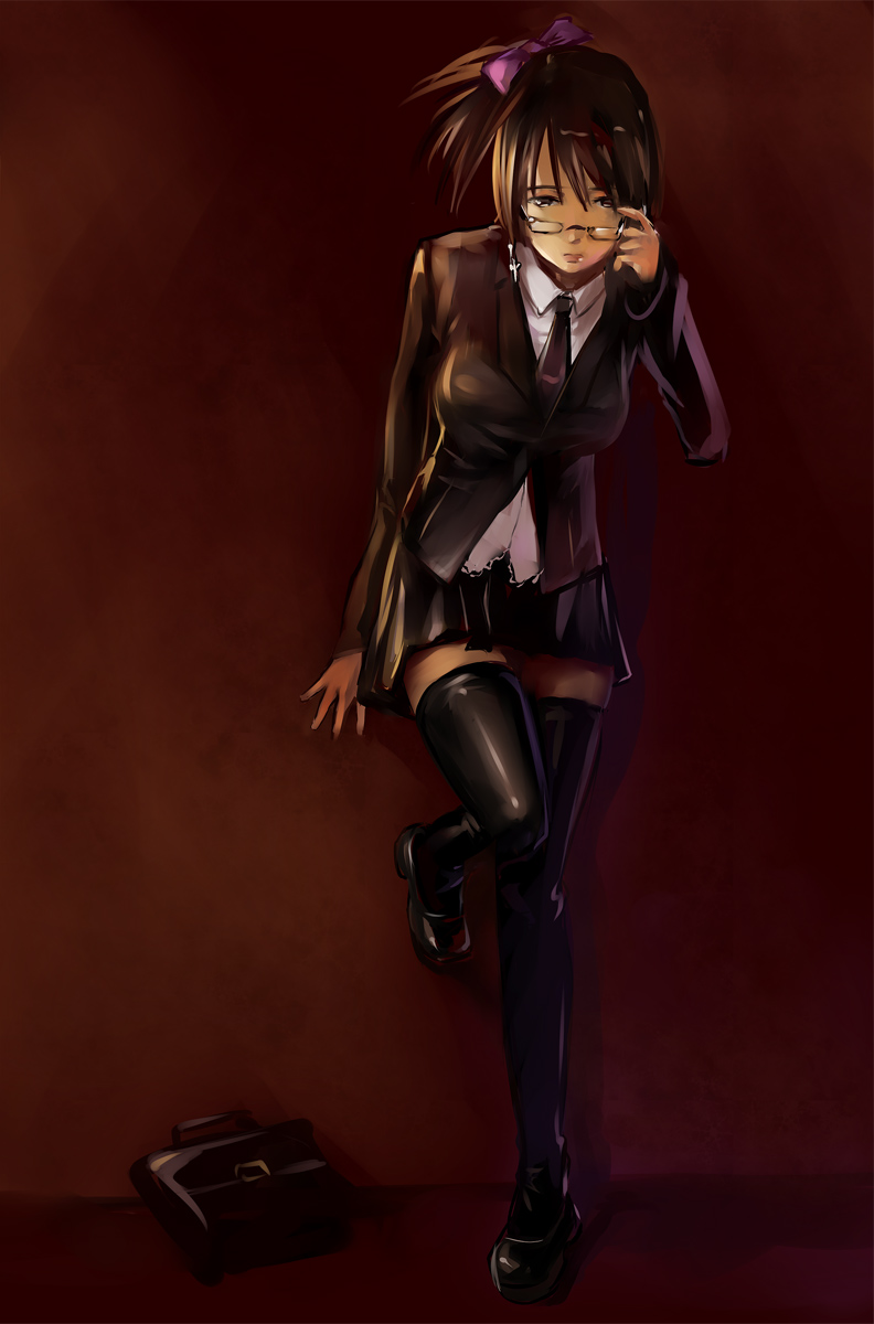 adjusting_glasses, against_wall, bag, black_hair, black_legwear, blazer, bow, copyright_request