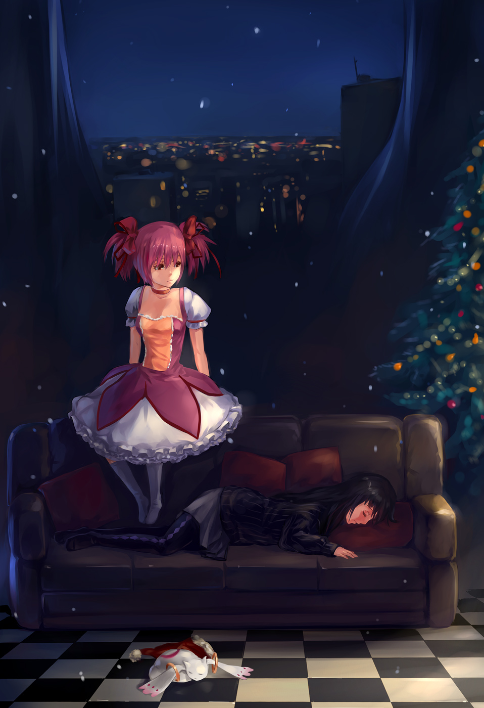 akemi_homura, argyle, argyle_legwear, bubble_skirt, checkered, checkered_floor, choker, couch