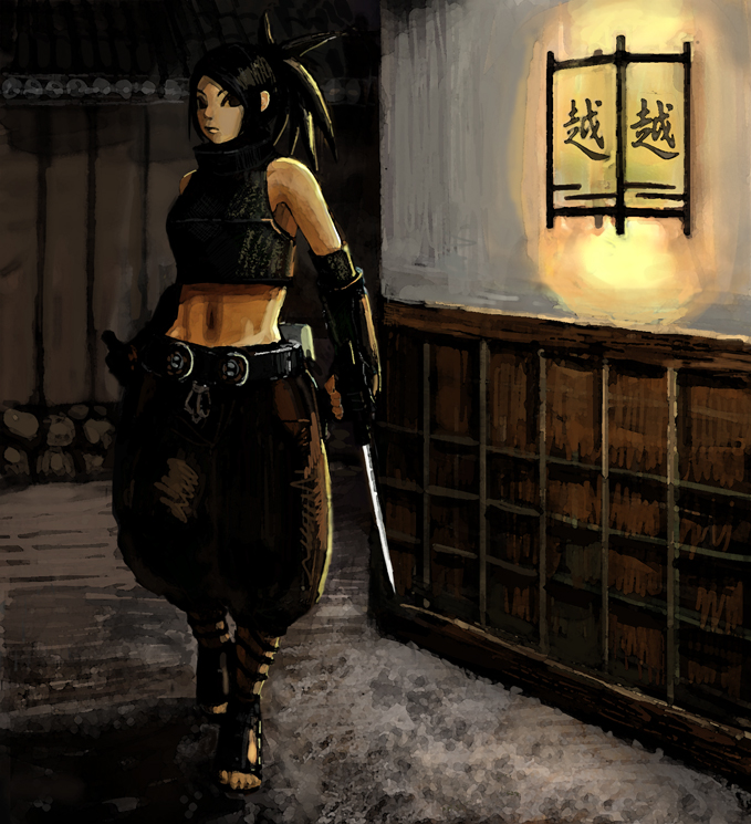 ayame, bare_shoulders, black_hair, crop_top, elbow_gloves, gloves, halter_top, halterneck