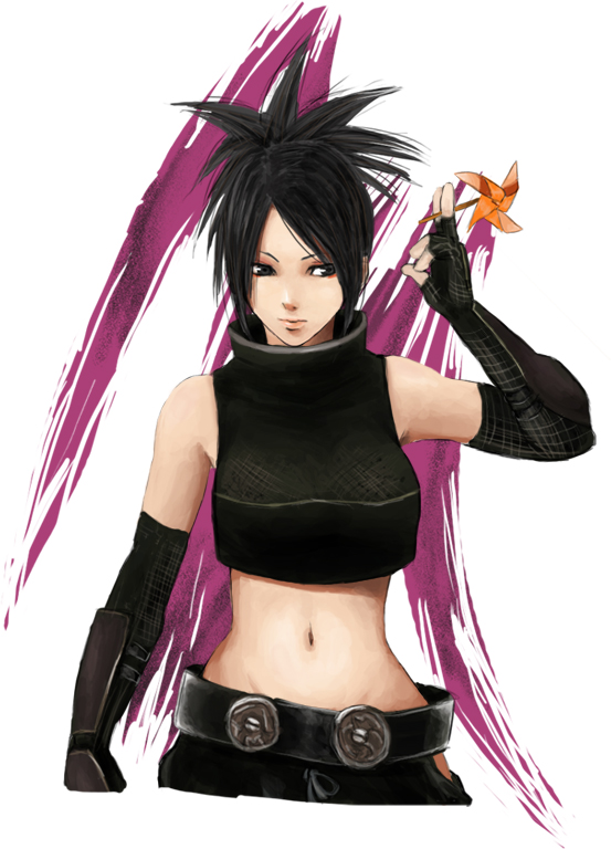 ayame, bare_shoulders, belt, black_hair, breasts, elbow_gloves, fishnets, gloves